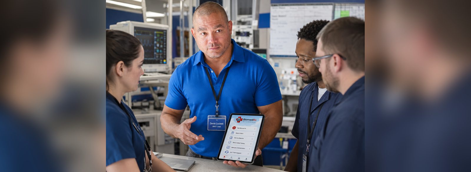 BMET lead training biomedical technicians on the BiomedRx App in a clinical engineering shop