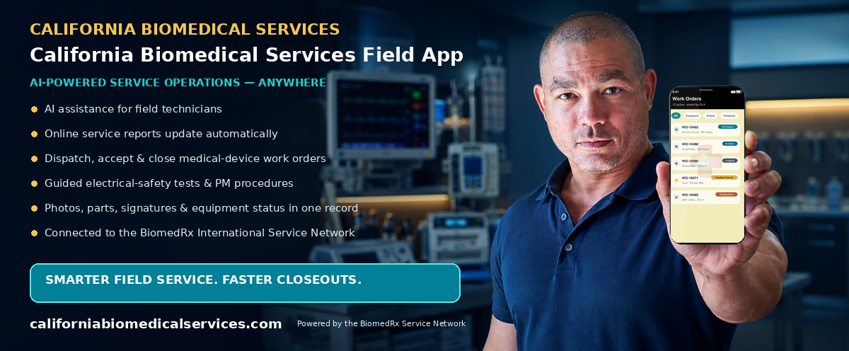 California Biomedical Field — AI-powered field-service mobile app; automatic online service reports, work-order dispatch, and closeout