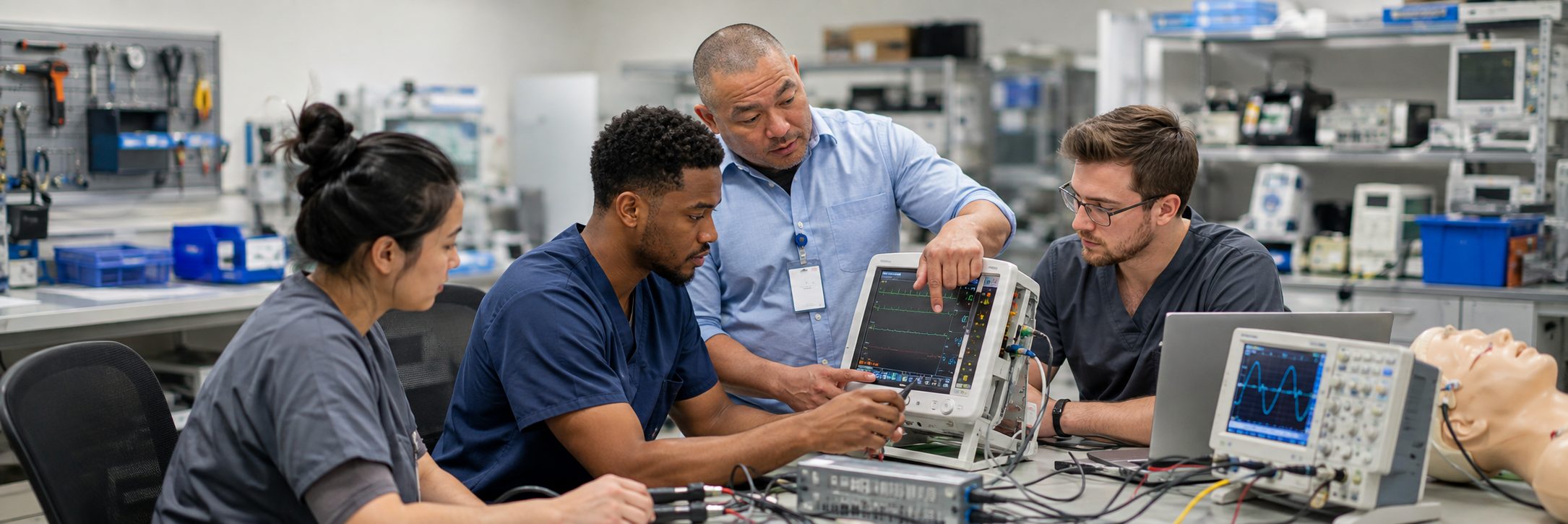 Biomedical equipment technicians training on anesthesia machine service procedures