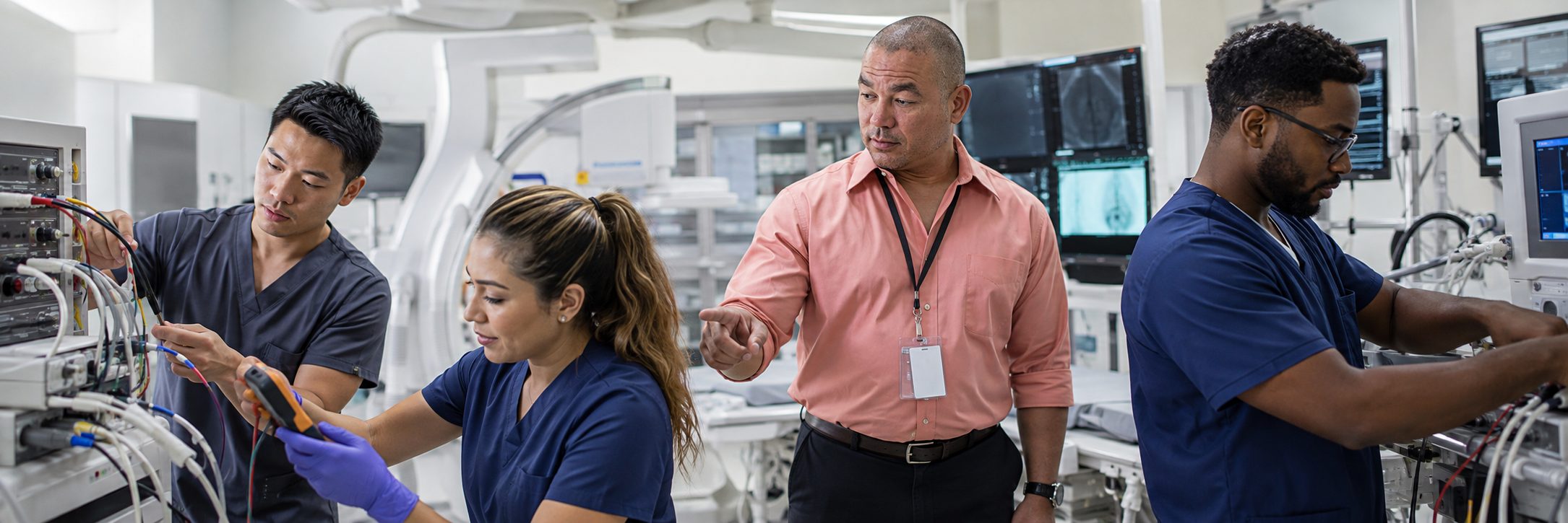 Medical imaging equipment service on a cath lab C-arm and patient monitoring system