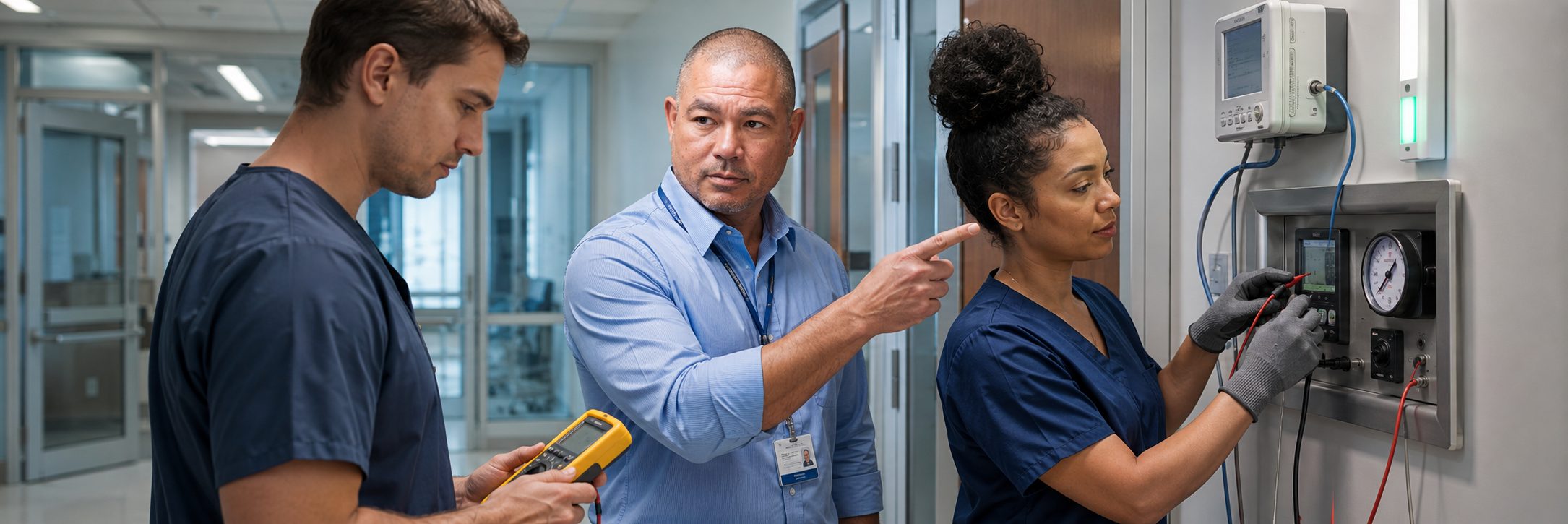 Biomedical technicians performing infusion pump preventive maintenance in an infusion suite