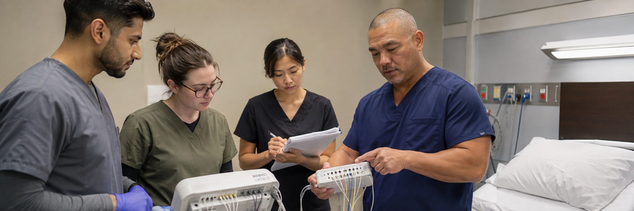 Laboratory instrument calibration on a precision test bench with an oscilloscope