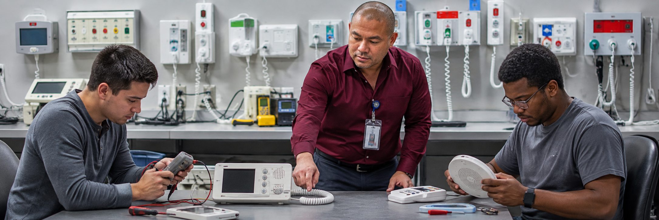 HTM technicians inspecting operating room surgical lights during scheduled service
