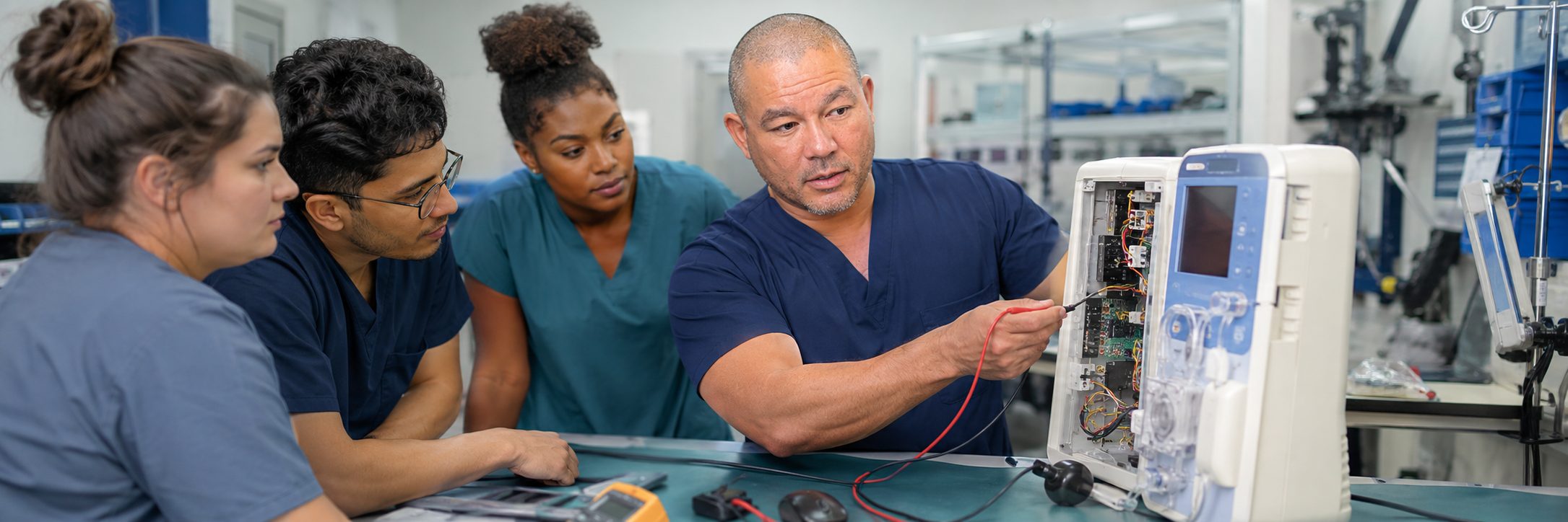 Ventilator and transport monitor service in a hospital equipment depot
