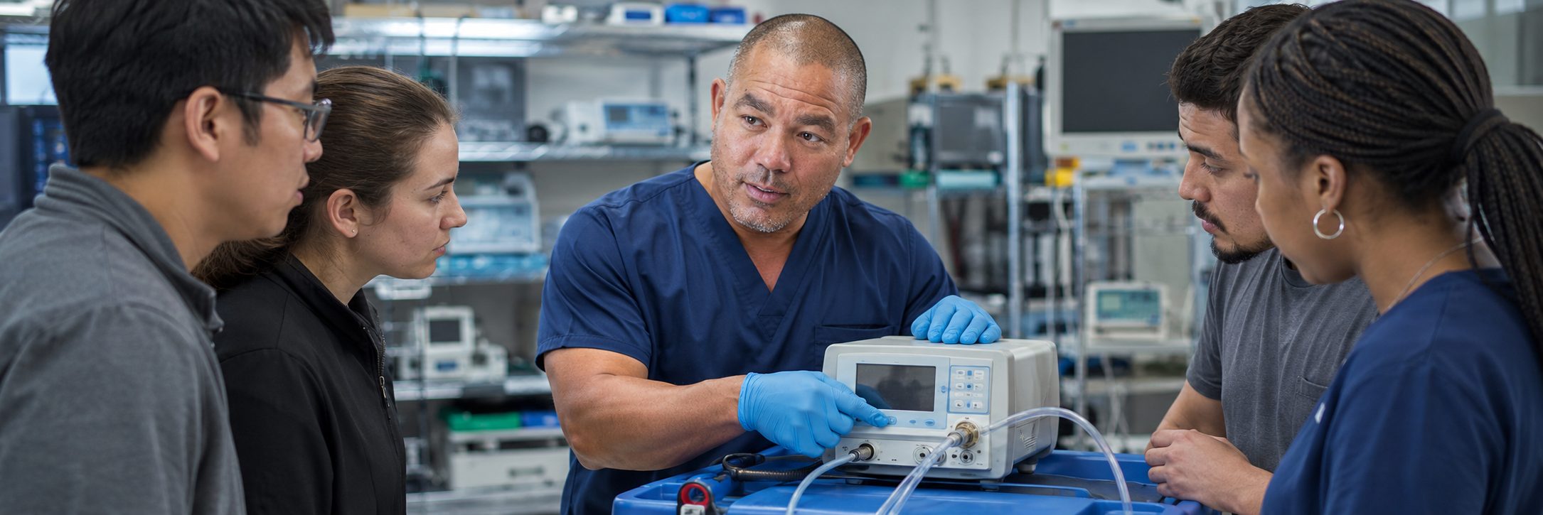 Ventilator and transport monitor service in a hospital equipment depot