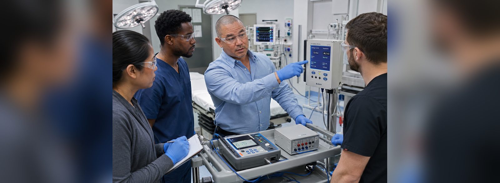 Total hazard current and impedance readings shown on a line isolation monitor during testing